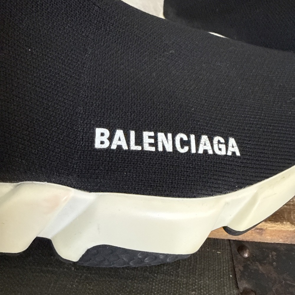 Balenciaga Speed Trainer Black White High Top Knit Sneakers Rubber Sole Sz 7.5 - Picture 2 of 14